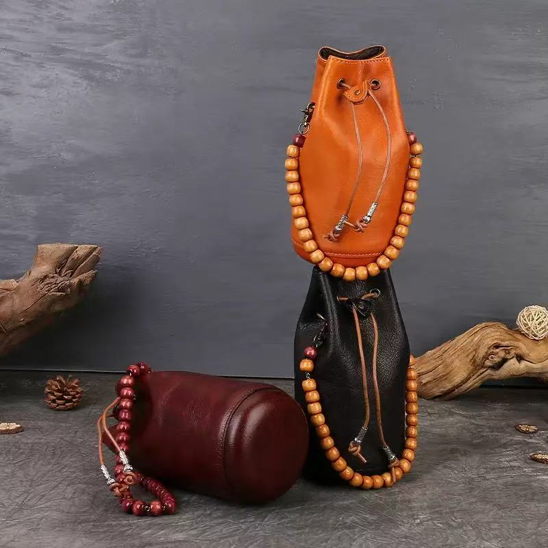 Beaded Handle Drawstring Bucket Bag