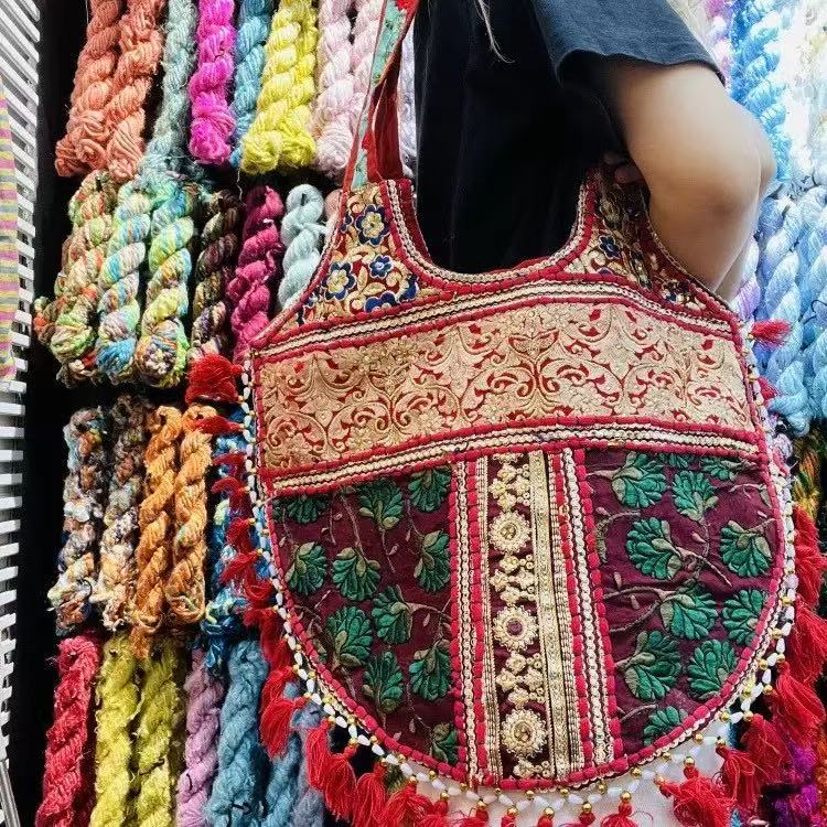 Crimson Floral Tassel Shoulder Bag